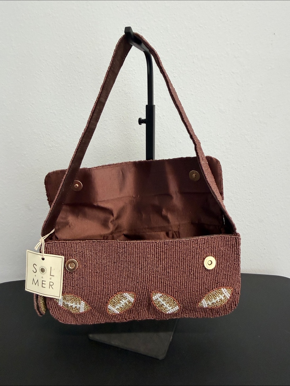 Sol and Mer | Fall Football Chocolate Brown Beaded Bag w/ Matching Bag Charm 🏈🍂 - Picture 10 of 14